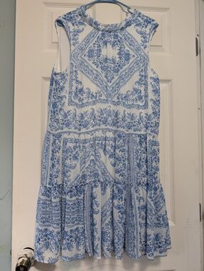 Calvin Klein White An Blue Dress with Black Logo, Women's Size 14
